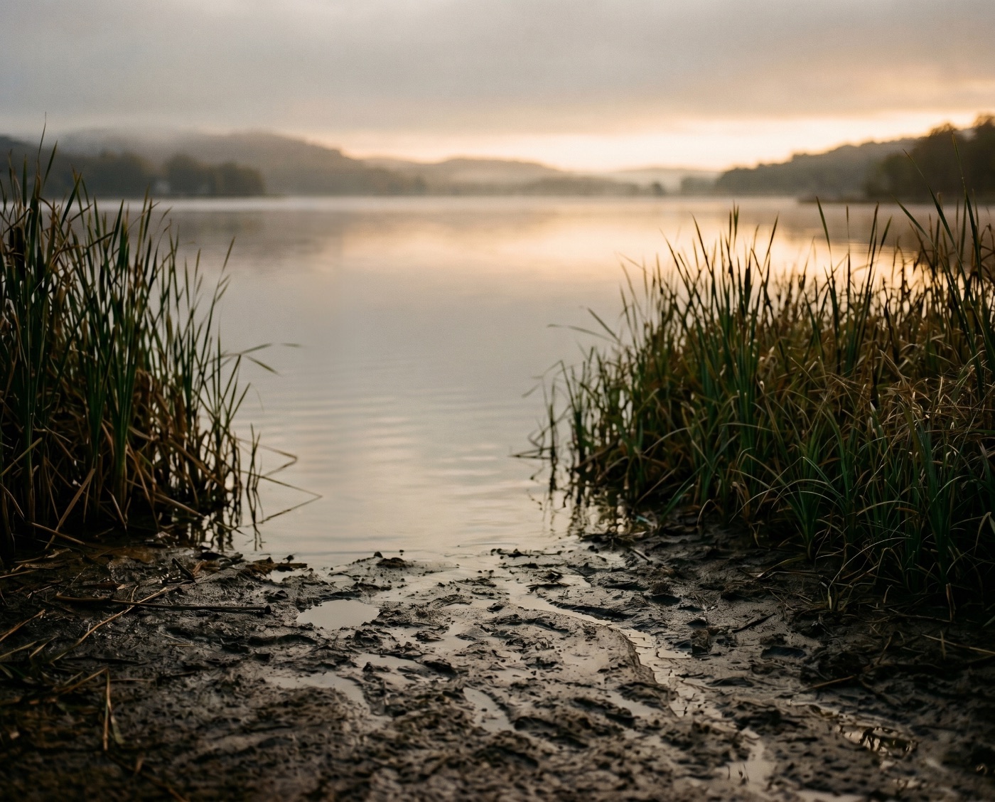 Lake shoreline at dawn — reeds, wet sediment and still water under soft light