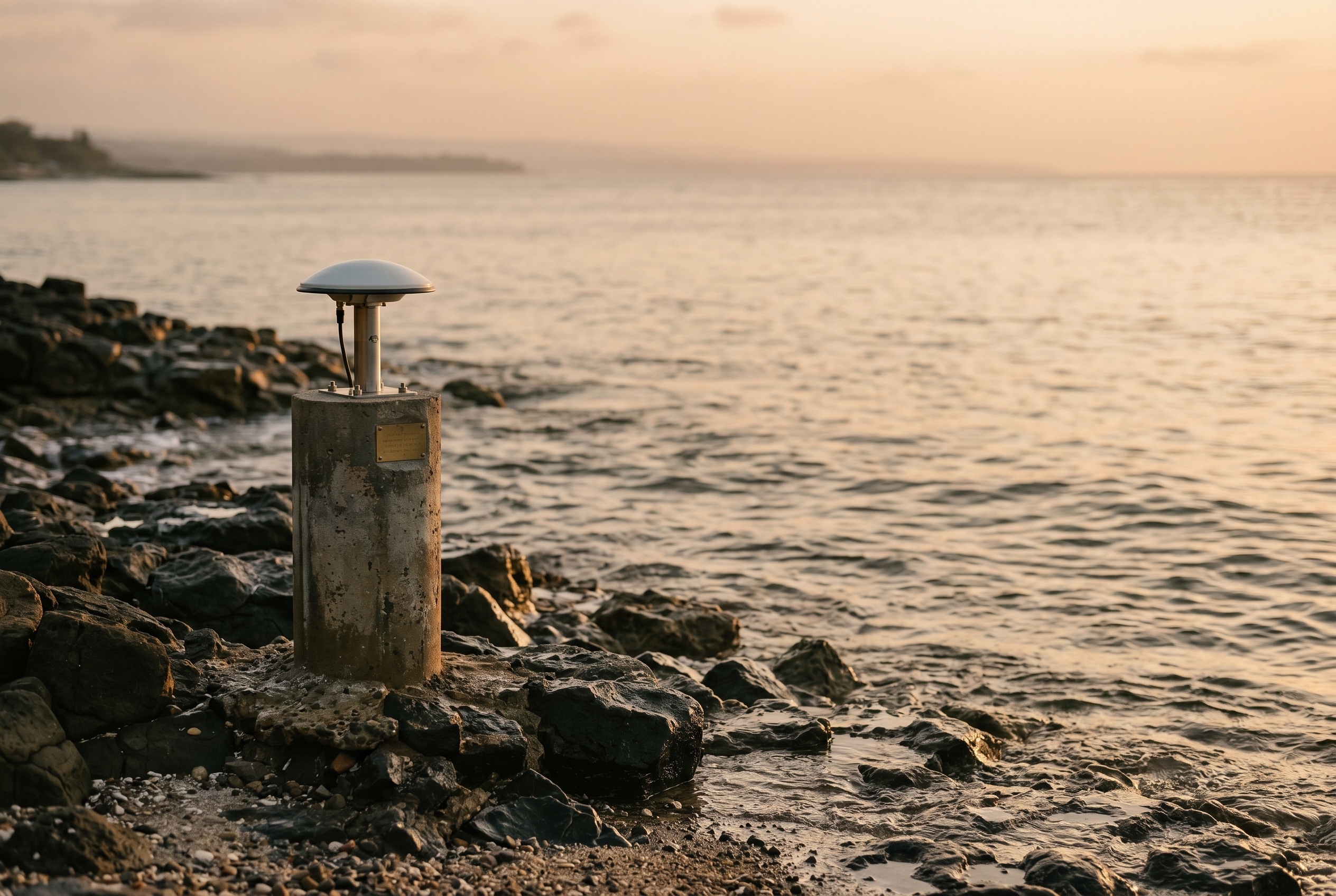 A concrete geodetic monument topped with a white dome GNSS antenna on a rocky shoreline at golden hour, calm sea behind