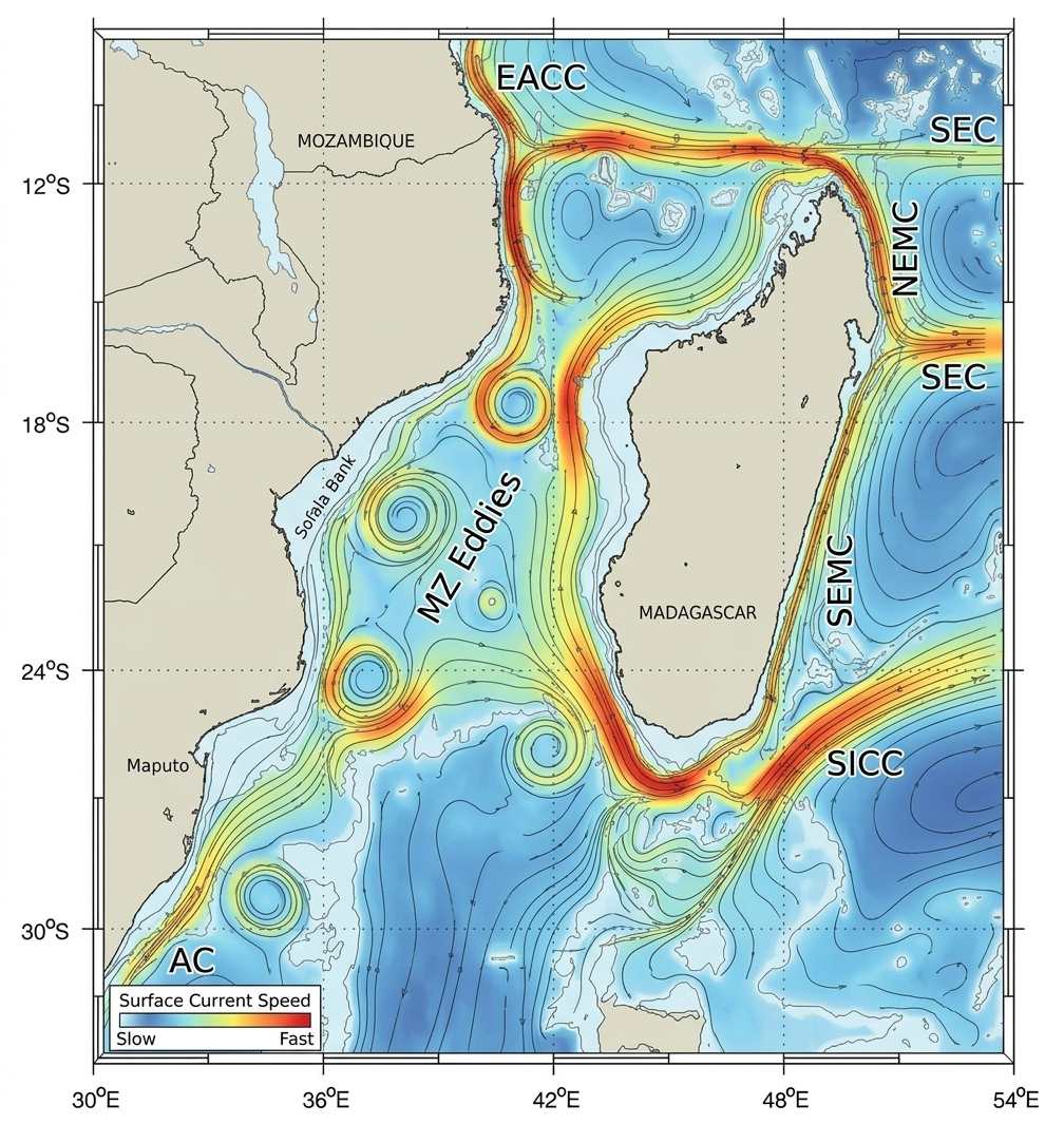 Surface-current-speed map of the Mozambique Channel showing the chain of MZ Eddies between Mozambique and Madagascar, feeding the Agulhas Current