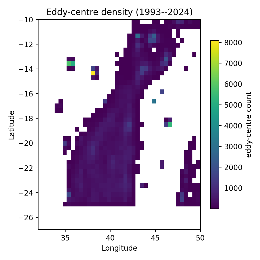 Map of eddy-centre density in the Mozambique Channel, 1993 to 2023