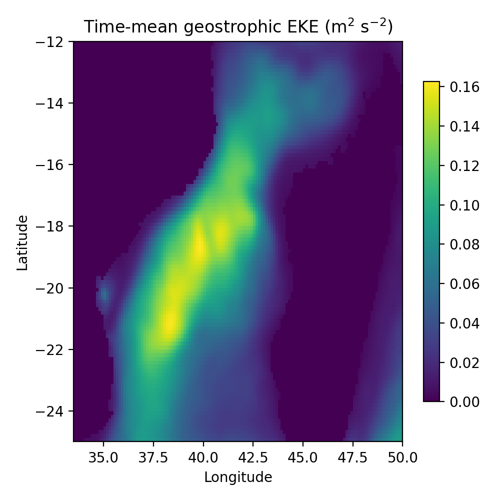 Map of time-mean geostrophic eddy kinetic energy in the Mozambique Channel