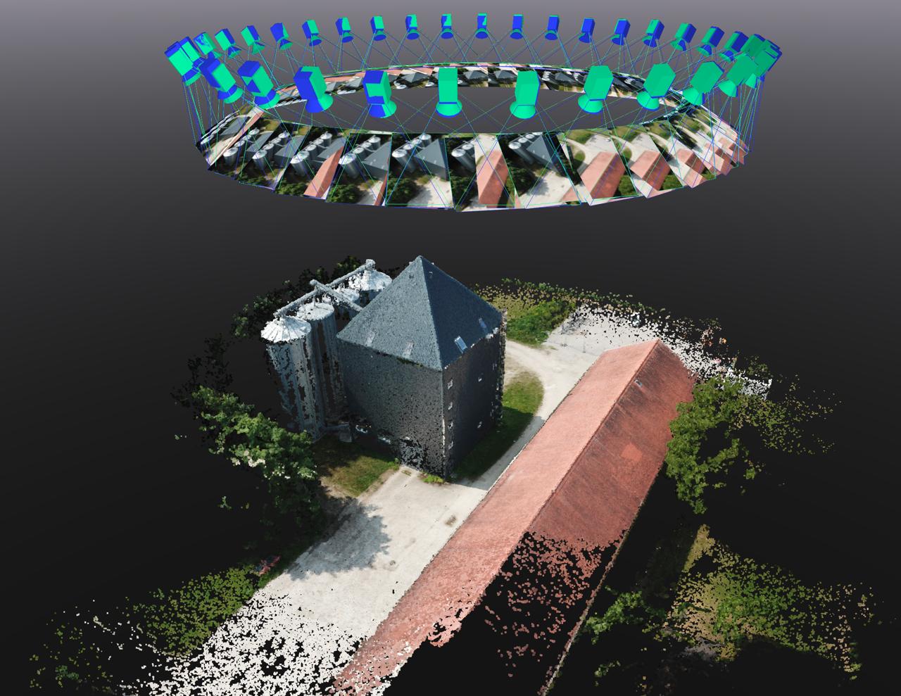 Structure-from-Motion result: a ring of estimated camera positions above a sparse 3D point cloud of a test-site building
