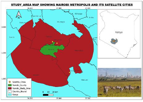 Study-area map showing the Nairobi metropolis and its satellite cities within Kenya